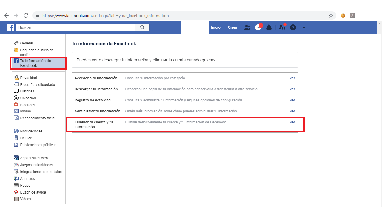 Ubica la opción para eliminar la cuenta de Facebook.