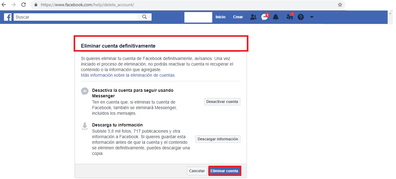 Opción para desactivar cuenta de Facebook para siempre.