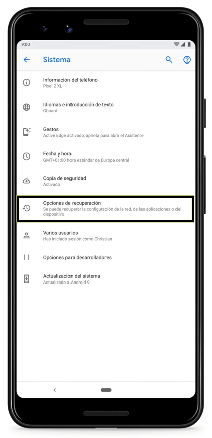 El primer paso para resetar o formatear el Android, es ir a "Opciones de Recuperación".